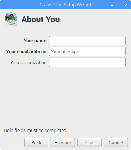 Claws Mailのセットアップウィザードのメールアドレス設定画面