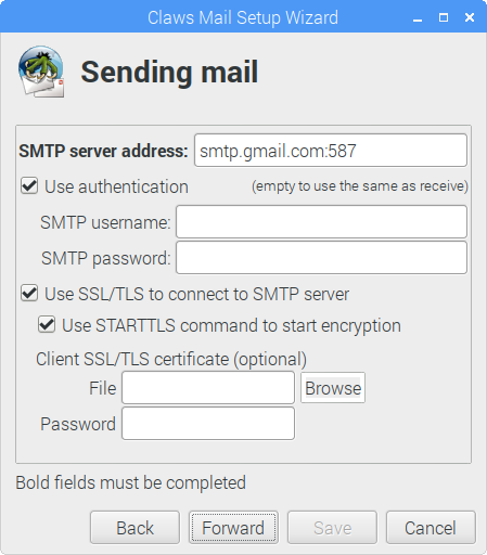 Claws Mailのセットアップウィザードの送信メール設定画面