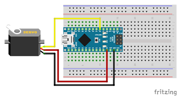 図１　Arduino Nanoとサーボモータの接続